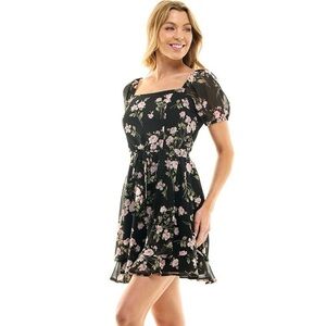 Floral Black Puff Sleeve Dress Size XS